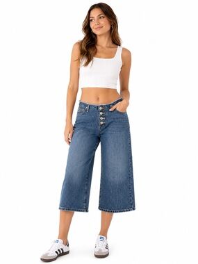 Vintage Anchor Blue Button Fly Denim Gaucho Capri‎ Jeans Wide Leg Cropped Size 7